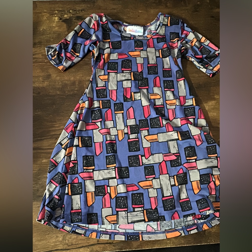 LuLaRoe Kids Dress with Blue and Pink Geometric Pattern
